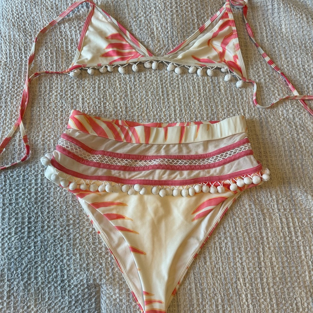 Tropical Bikini Set with Pom Pom Trim